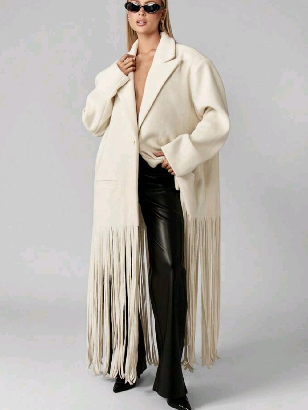 Women Oversized Winter Coat Midi Length Fringe Detail Maxi Coat Elega